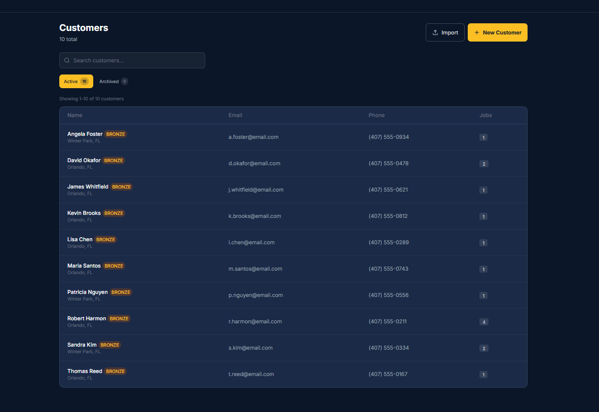 Halden Pro customer list showing contact details and job history for each customer